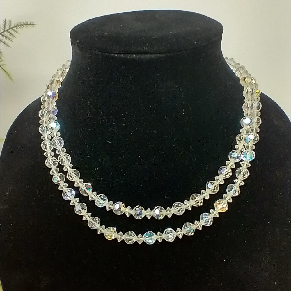 VINTAGE IRIDESCENT GLASS TWO STRAND NECKLACE